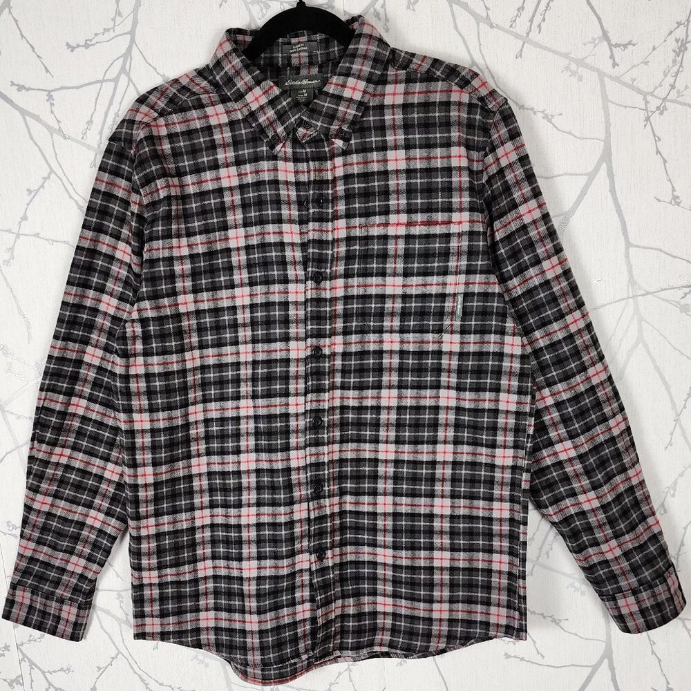 Eddie Bauer Gray Plaid Checks Button Front Flannel Shirt